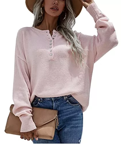 Jiraewh Pullover & Strickmode Pullover Damen Langarm V-Ausschnitt Strickpullover Einfarbig Knopfleiste Casual Langarmshirts Loose Oversize Strickpulli Sweatshirt Outerwear Tops