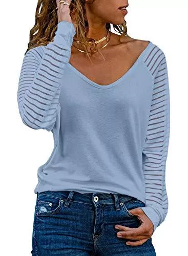 Dokotoo Langarmblusen Dokotoo Damen Oberteile Streifen Mesh Langarmshirt Casual V-Ausschnitt Bluse Shirt Tops S-XXL