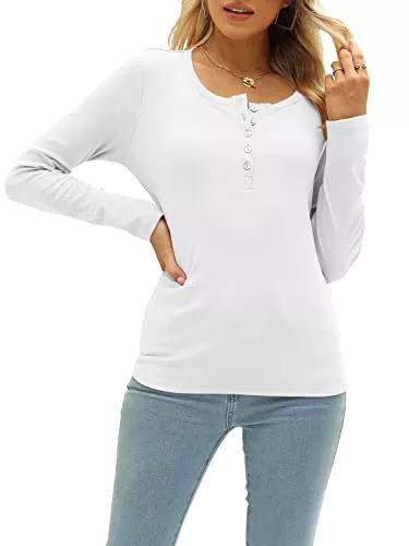 Maxwinee Langarmblusen Maxwinee Damen Henley Shirt Langarm Button Down Gerippt Loose Langarmshirt Basic Oberteile Casual Einfarbig