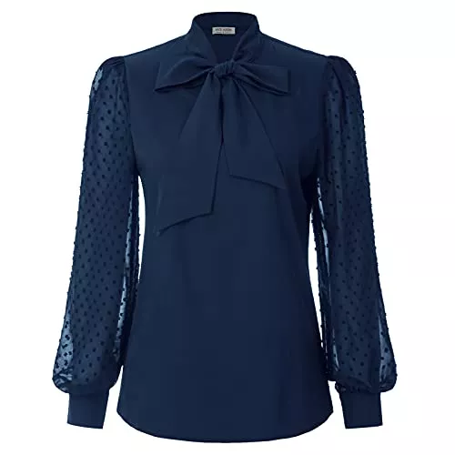Kate Kasin Langarmblusen Kate Kasin Damenbluse mit Fliege, langärmelig, Schweizer Punkte, Büro-Tops