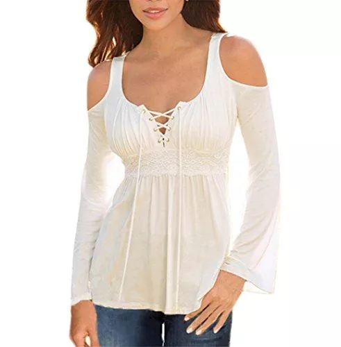 Mooncolour Langarmblusen Mooncolour Damen Cold Shoulder Lace Up Casual Tunika Solid Bluse Tops