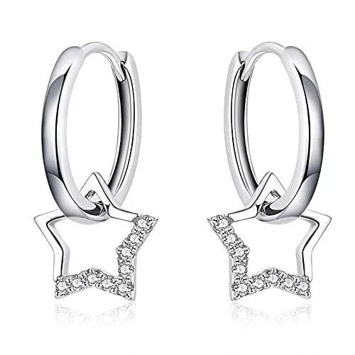 Qings Schmuck Qings Stern Creolen Ohrringe mit Stein 925 Sterling Silber Ohrhänger Sterne Zirkon Klein Schlafen Kreolen Hängend Creole Anhänger Hoops Piercing Earring Nickelfrei Schmuck für Damen Mädchen Teenager