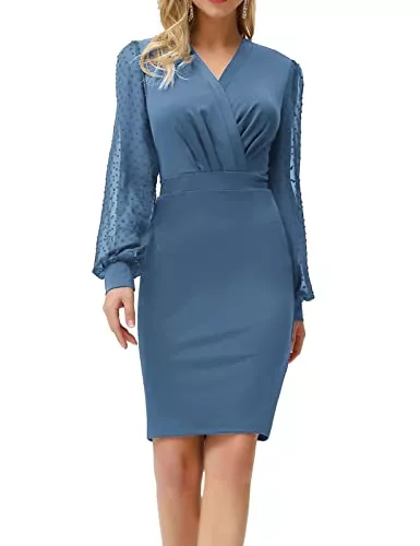 GRACE KARIN Cocktail GRACE KARIN Damen Bodycon Kleid elegant Tüll Langarm V-Ausschnitt Swiss Dot Hips-Wrapped Kleid CLE2815