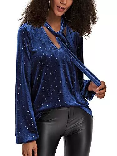 YOINS Langarmblusen YOINS Sexy Oberteil Damen Glitzer Oberteile Wetlook Langarmshirt für Damen Tshirt V-Ausschnitt Clubwear Partywear Lederlook