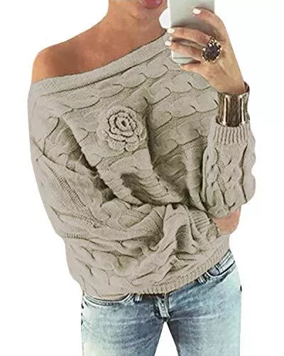 YOINS Pullover & Strickmode YOINS Schulterfrei Oberteile Damen Herbst Winter Off Shoulder Pullover Pulli für Damen Loose Fit mit Blumenmuster