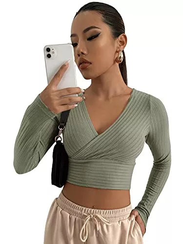 DIDK Langarmblusen DIDK Damen Strick Crop T-Shirt Bauchfrei Oberteile Tiefer V Ausschnitt Langarmshirt Pullover Cropped Tops Langarm Shirt