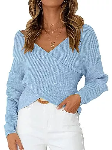 Siyova Pullover & Strickmode Siyova Casual Frauen Cross V-Ausschnitt Pullover Herbst Einfarbig Langarm Strickpullover Jumper Crop Tops