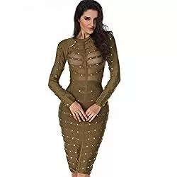 Cyuang Party Cyuang Frauen Black Lace Bandage Kleid Herbst Midi Langarm Sexy Mesh Bead Bodycon Club Celebrity Party Club Kleider