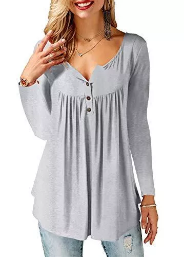 Amoretu Langarmblusen Amoretu T-Shirt Damen V-Ausschnitt Knopfleiste Bluse Solide Tunika Langarm/Kurzarm Tops
