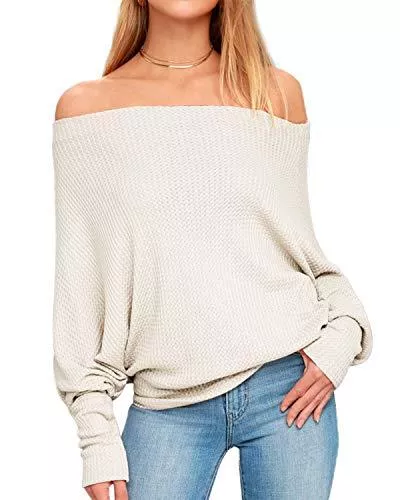 Auxo Langarmshirts Auxo Damen Pullover Schulterfrei Langarmshirt Oversize Strickpullover Lose Sweatshirt Oberteil Tops
