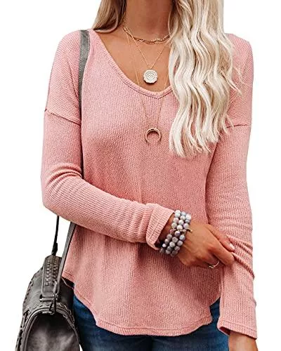 NONSAR Strickjacken NONSAR Damen Waffel Strickpullover V-Ausschnitt Einfarbige Langarmshirt Lockere Pullover Oberteile Tops