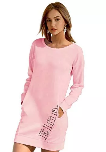 ELFIN Freizeit ELFIN Damen Sweatkleid Langarm Kleider Sweatshirt Dress Lässig Sportliche Longshirt Tops Minikleider mit Logodruck Herbst