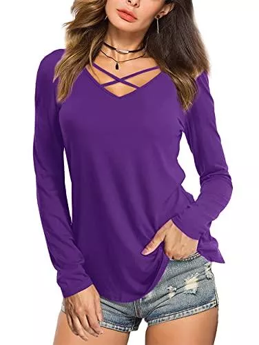 Beluring Langarmblusen Beluring Tshirt Damen V Ausschnitt Kurzarm/Langarm Oberteile Criss Cross Longshirt Tops