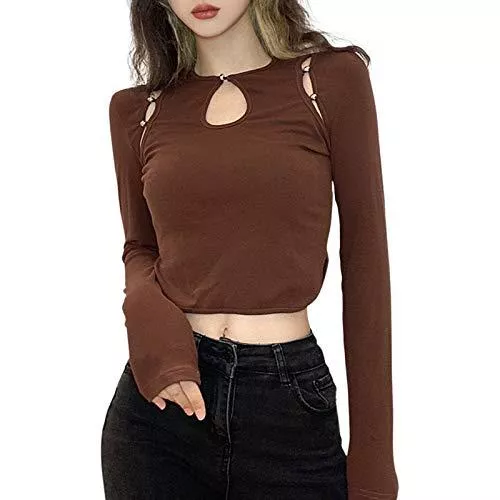 Erllegraly Langarmblusen Frauen Langarm Crop Top Y2K Spitze Patchwork V-Ausschnitt T-Shirt Bluse Streetwear Skinny Style T-Shirt