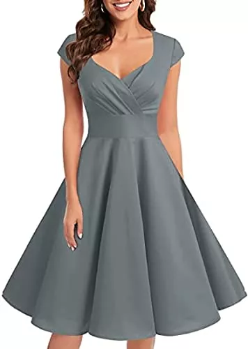 Bbonlinedress Cocktail Bbonlinedress 1950er Vintage Retro Cocktailkleid Rockabilly V-Ausschnitt Faltenrock