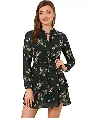 Allegra K Freizeit Allegra K Damen Langarm V Neck Rüschen Chiffon Blumen Minikleid Kleid