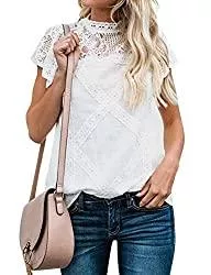 ZXZY Kurzarmblusen ZXZY Damen-Bluse mit süßem Spitzen-Oberteil und kurzen Ärmeln, mit Aushöhlung, Rollkragen-T-Shirt