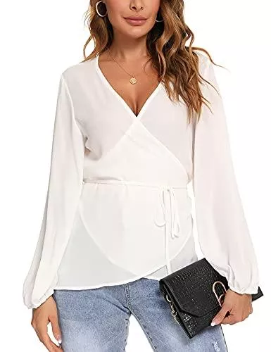 LOLLO VITA Langarmblusen LOLLO VITA Damen Langarm Chiffon Blusen Lässige Laternenärmel Schwarze Hemden V-Ausschnitt Mode Tuniken Tops