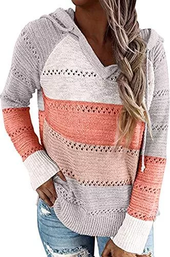 ZIYYOOHY Pullover & Strickmode ZIYYOOHY Damen Strickpullover Farbblock V-Ausschnitt Langarm Casual Strick Kapuzenpullover Sweatshirt Pullover Outwear