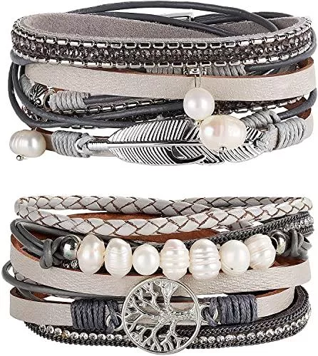 Adramata Schmuck Adramata 2Pcs Boho Leder Wrap Cuff Armband Damen Frauen Mädchen Multilayer Baum des Lebens Armband Magnetschnalle Armband Armreif Schmuck für Mutter Freunde