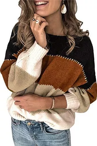 Ancapelion Pullover & Strickmode Ancapelion Damen Grobstrick Pullover Casual Stricken Sweater Lange Ärmel Pulli Farbblock Sweatshirt Elegant Jumper Rundhals Lose Oberteile Herbst Winter Outwear für Frauen