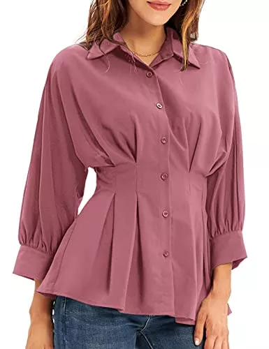 GRACE KARIN Langarmblusen GRACE KARIN Damen Elegant V-Ausschnitt Kurzarm T-Shirt Batwing Hemd Bluse Plissee Taille Wickelhemd Büro Oberteil CL455A21