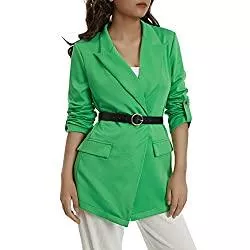 I3CKIZCE Blazer Elegante, einfarbige Damen-Kostüm für Damen, lässiges Outfit, vorne offen, mit gekerbtem Revers, langärmlig, Blazer mit Gürtel, Slim Fit, grün