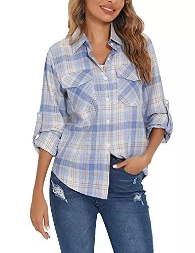 Enjoyoself Langarmblusen Enjoyoself Damen Karrierte Bluse Langarm Karo Flanell Hemden 100% Baumwolle Button-down Hemdbluse für Alltag und Oktoberfest
