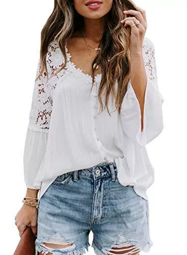 Aleumdr Langarmblusen Aleumdr Spitze Bluse Damen Elegant Bluse Langarm Causal V-Ausschnitt Tunika Blusen mit Spitzen Sommer Oberteile Damen Hemdbluse Button-down Hemd Langarmshirts