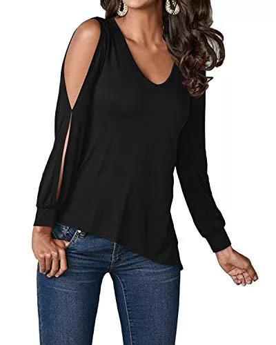 YOINS Langarmblusen YOINS Oberteile Damen Langarm Tops Lose Asymmetrisch Sweatshirt Casual T-Shirt Herbst und Winter Einfarbig Cold Shoulder V Ausschnitt Tunika