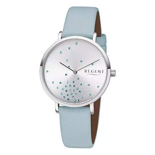 REGENT Uhren REGENT Damenuhr 36 MM mit Glitzer Steinen Silberfarben/Hellblau BA-599