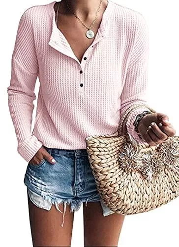 - Langarmshirts Damen Casual Langarmshirts Waffel Gestrickte Knopf V-Ausschnitt Henley Shirts Oberteile