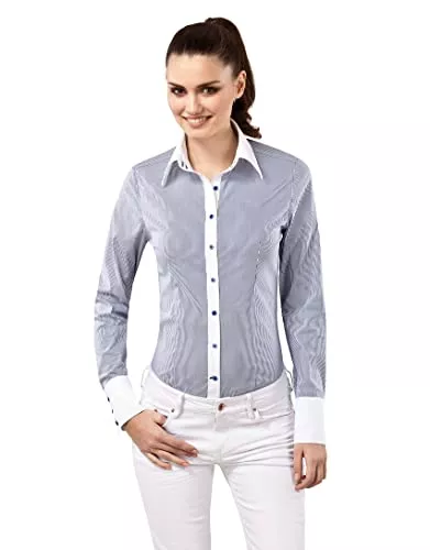 Vincenzo Boretti Langarmblusen Vincenzo Boretti Damen Bluse gestreift besonders tailliert mit Stretch Langarm Hemdbluse elegant festlich Kent-Kragen auch für Business und unter Pullover