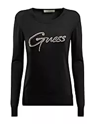 GUESS Langarmshirts Guess Damen Langarm T-Shirt Logo Perlen Bestickt Rundhalsausschnitt Schwarz