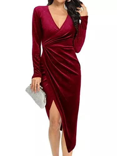 Missufe Cocktail Missufe Damen Winterkleid Langarm Samtkleid Festlich Winter Samt Kleider Wickel V Ausschnitt Partykleid Abendkleid