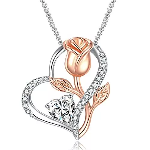 PRAELINOS Schmuck PRAELINOS Liebe Herz Halskette für Frauen 18K Weißgold Vergoldet Rose Blume Kette Damen Cubic Zirkonia Anhänger Jahrestag Muttertag Geburtstag Schmuck für Mutter Tochter Frau Mädchen Geschenk (Weiß)