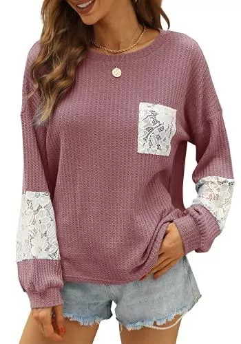 Oodsalii Pullover & Strickmode Oodsalii Strickpullover Damen Oversize Winter Pullover Basic Elegant Langarmshirt mit Spitze Lang Herbst Oberteile