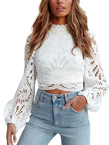 Zukmuk Langarmblusen Zukmuk Tops Damen Elegant Langarm Crop Top Spitze Spitzentop Spitzen Long Sleeve Bluse Blusenshirt Party Lace Trachtenbluse Für Frauen