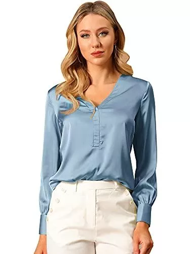 Allegra K Langarmblusen Allegra K Damen St. Patrick's Day Langarm V Neck Einfarbig Satin Shirt Bluse