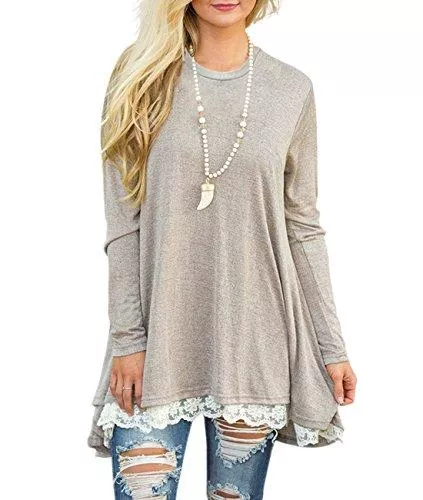 Bequemer Laden Langarmshirts Bequemer Laden Pullover Damen Strickpullover Casual Loose Sweater Lange Sweatshirt Langarmshirt Oberteile Tunika Vorderer Saum mit Spitze