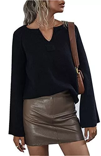 ZIYYOOHY Pullover & Strickmode ZIYYOOHY Damen Strickpullover V Ausschnitt Langarmshirts Pullover Sweatshirt Schulterfrei Lose Casual Oberteil Tops Sweater Pulli Einfarbig