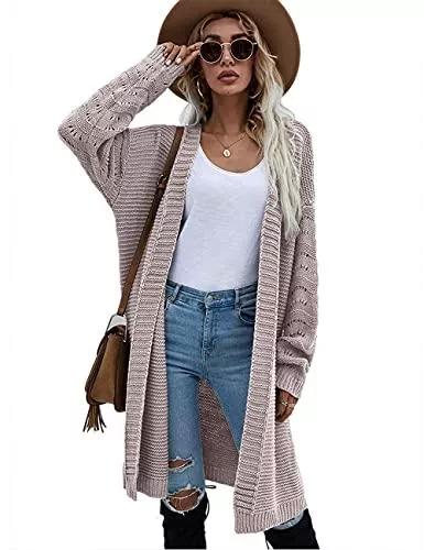 HESUUIO Strickjacken HESUUIO Strickjacke Lang Damen Grobstrick Cardigan Langarm Elegant Strickmantel Strickpullover Casual Open Front Sweater Cardigan Outwear mit Taschen Herbst Winter