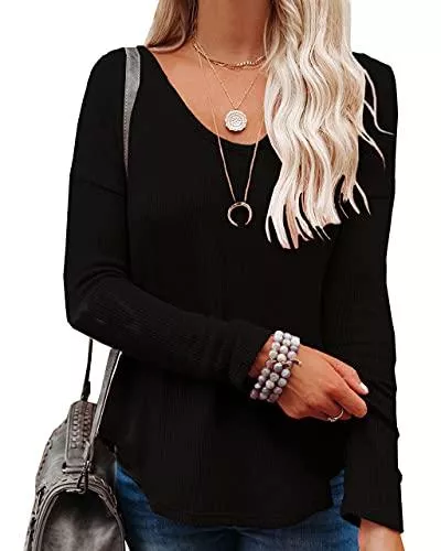 NONSAR Pullover & Strickmode NONSAR Damen Waffel Strickpullover V-Ausschnitt Einfarbige Langarmshirt Lockere Pullover Oberteile Tops