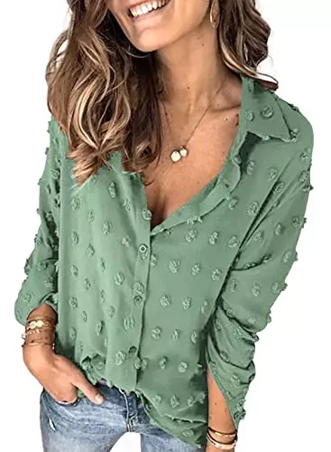 Hiistandd Langarmblusen Hiistandd Damen Chiffon Shirt V-Ausschnitt Bluse Button Down Langarmshirt Casual Lose Tops Oberteile Herbst Winter