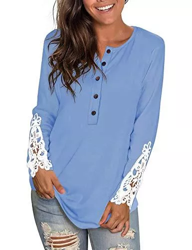 Nekosi Langarmblusen Nekosi Damen Langarm Sweatshirt mit Rundhalsausschnitt Einfarbige Spitzenknöpfe Henley Shirt Tunika Tops
