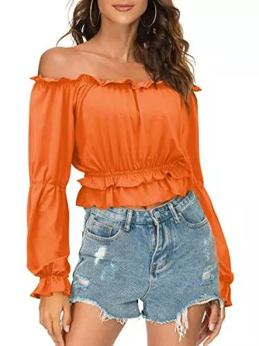 Laughido Langarmblusen Laughido Mit Rüschen Ärmel Off Shoulder Puff Langarmshirt Elegante Schulterfreie Oberteile Casual Crop Tops