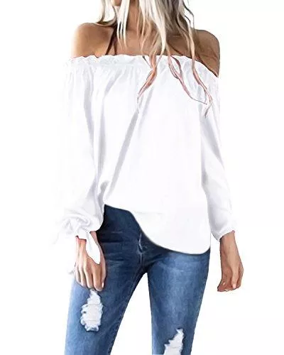 ACHIOOWA Langarmblusen ACHIOOWA Langarmshirt Damen Elegante Schulterfreie Oberteile Tunika Laterne Ärmel Casual Karmenbluse