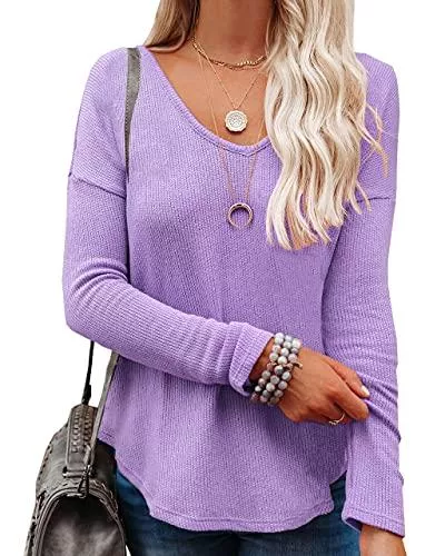 NONSAR Pullover & Strickmode NONSAR Damen Waffel Strickpullover V-Ausschnitt Einfarbige Langarmshirt Lockere Pullover Oberteile Tops
