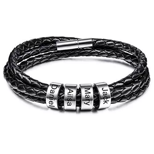 MeMeDIY Schmuck MeMeDIY Personalisierte Armbänder Gravur 2～6 Namen Individuelle Identifikation ID für Frauen Männer Echtes Leder Edelstahl Perlen Geflochtene Manschette Brautjungferngeschenke Beste Freundin