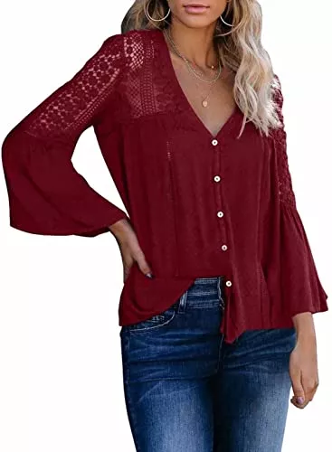 Astylish Langarmblusen Astylish Bluse Damen Spitze V-Ausschnitt Hemd Elegant Chiffon Tunika mit Aushöhlen Flare Ärmel Einfarbig Blusen S-XXL